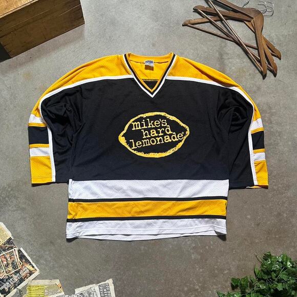 Mikes Hard Lemonade Hockey Jersey Mens XL Black Yellow Striped Alcohol Tee Shirt - Picture 1 of 4